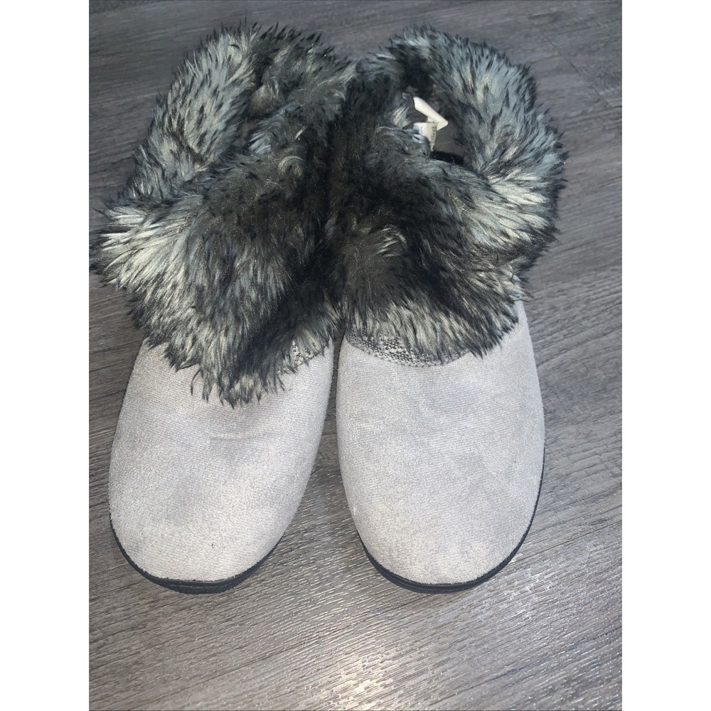 LADIES ISOTONER Microsuede Faux Fur Cuffs Gray Low Bootie Slippers size 8.5-9